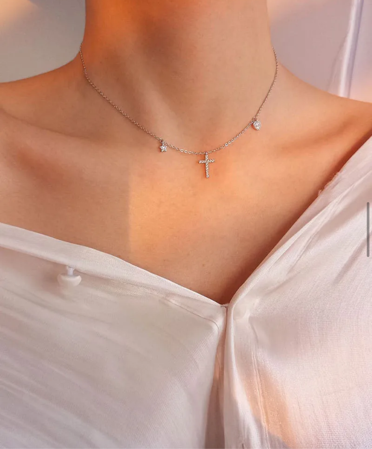 925 Sterling Silver Cross Heart Star CZ Necklace
