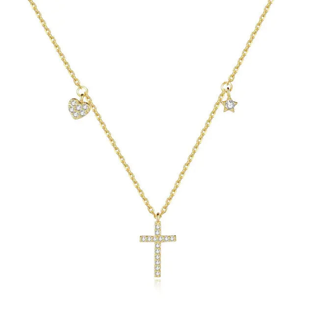 925 Sterling Silver Cross Heart Star CZ Necklace
