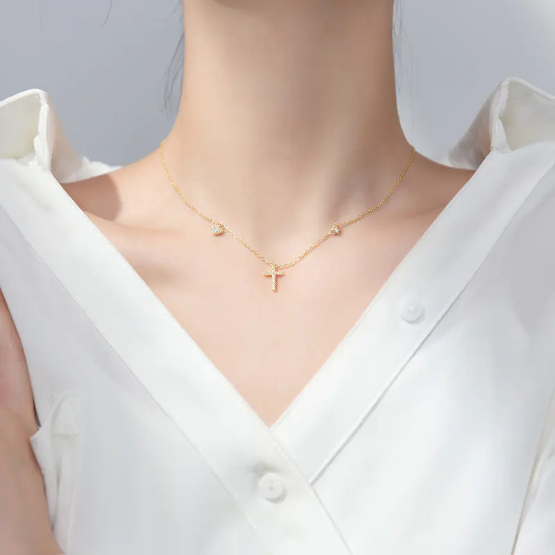 925 Sterling Silver Cross Heart Star CZ Necklace