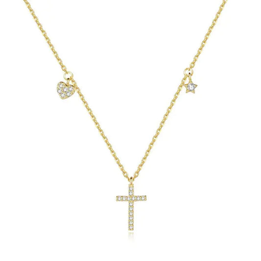 925 Sterling Silver Cross Heart Star CZ Necklace